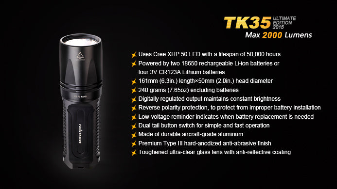Fenix TK35UE Ultimate Edition 2015 2x 18650 / 4x CR123A 2000 Lumens CREE XHP 50 LED Flashlight