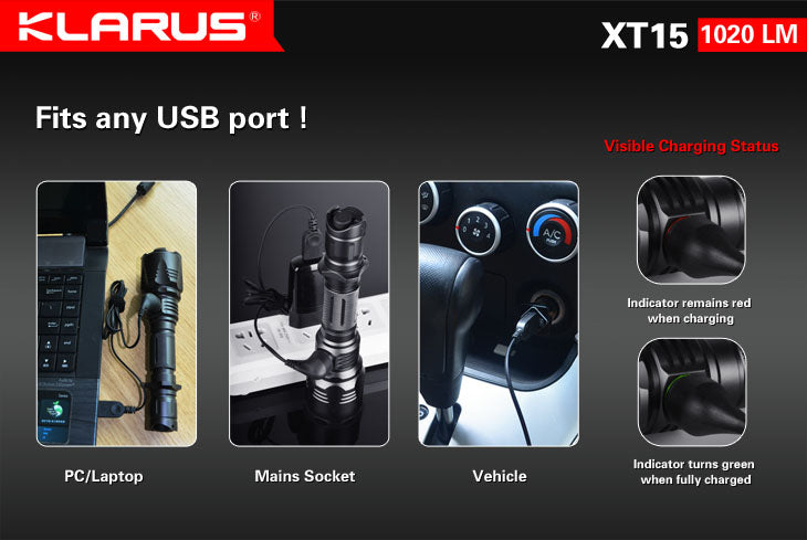 Klarus XT15 2x CR123A / 1x 18650 1020 Lumens Cree XM-L2 LED Flashlight