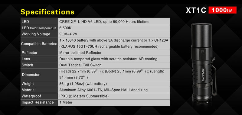 Klarus XT1C 1000 Lumen Flashlight XP-L HD V6 LED 16340 700mAh Battery Included Micro USB Rechargeable